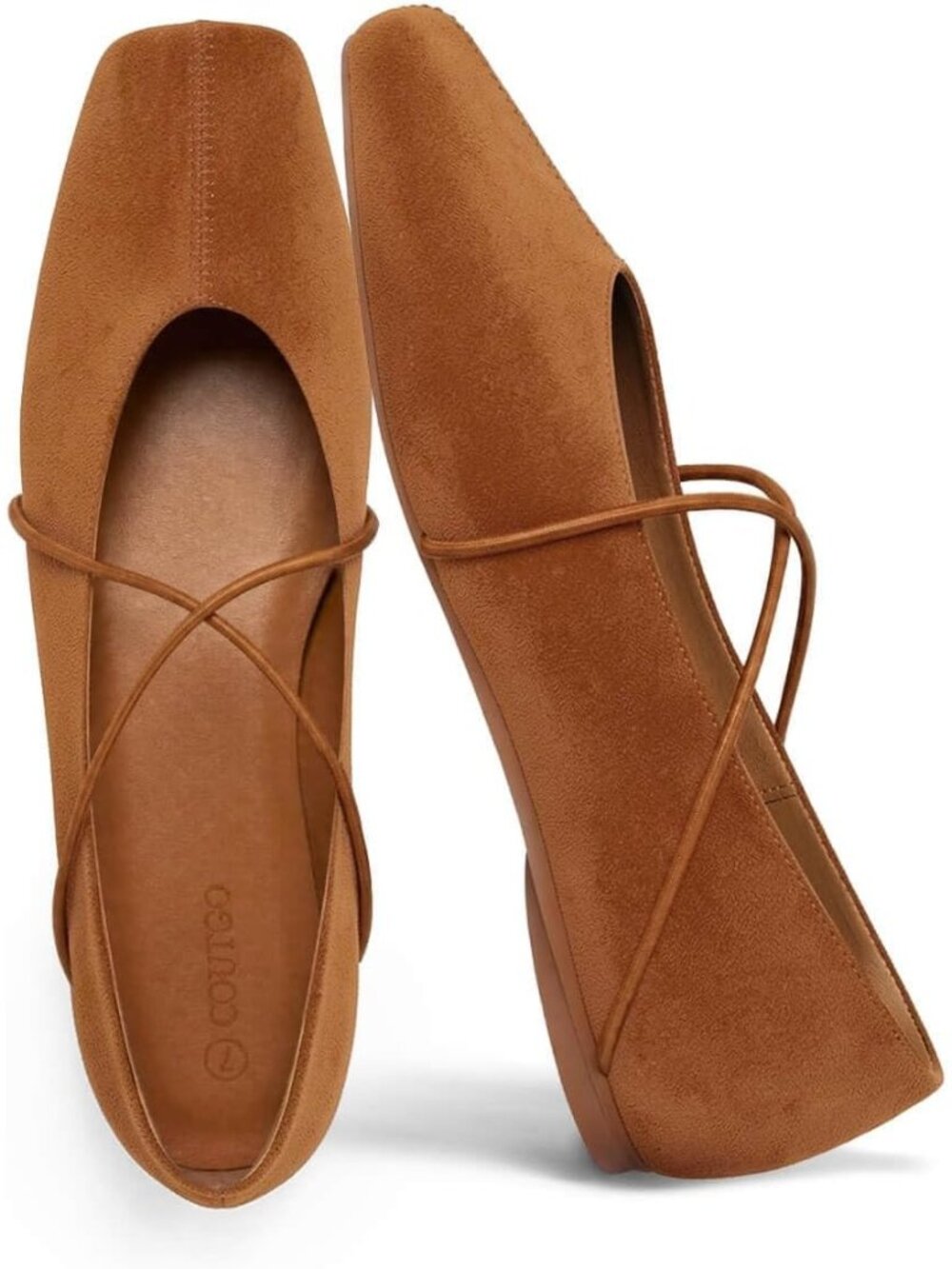 Women's Brown Suede Comfortable Slip On Square Toe Ballet Crisscross Strap Shoes